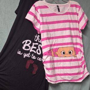 2pc Set Womens Maternity Black, Pink and White Striped T-Shirt Large